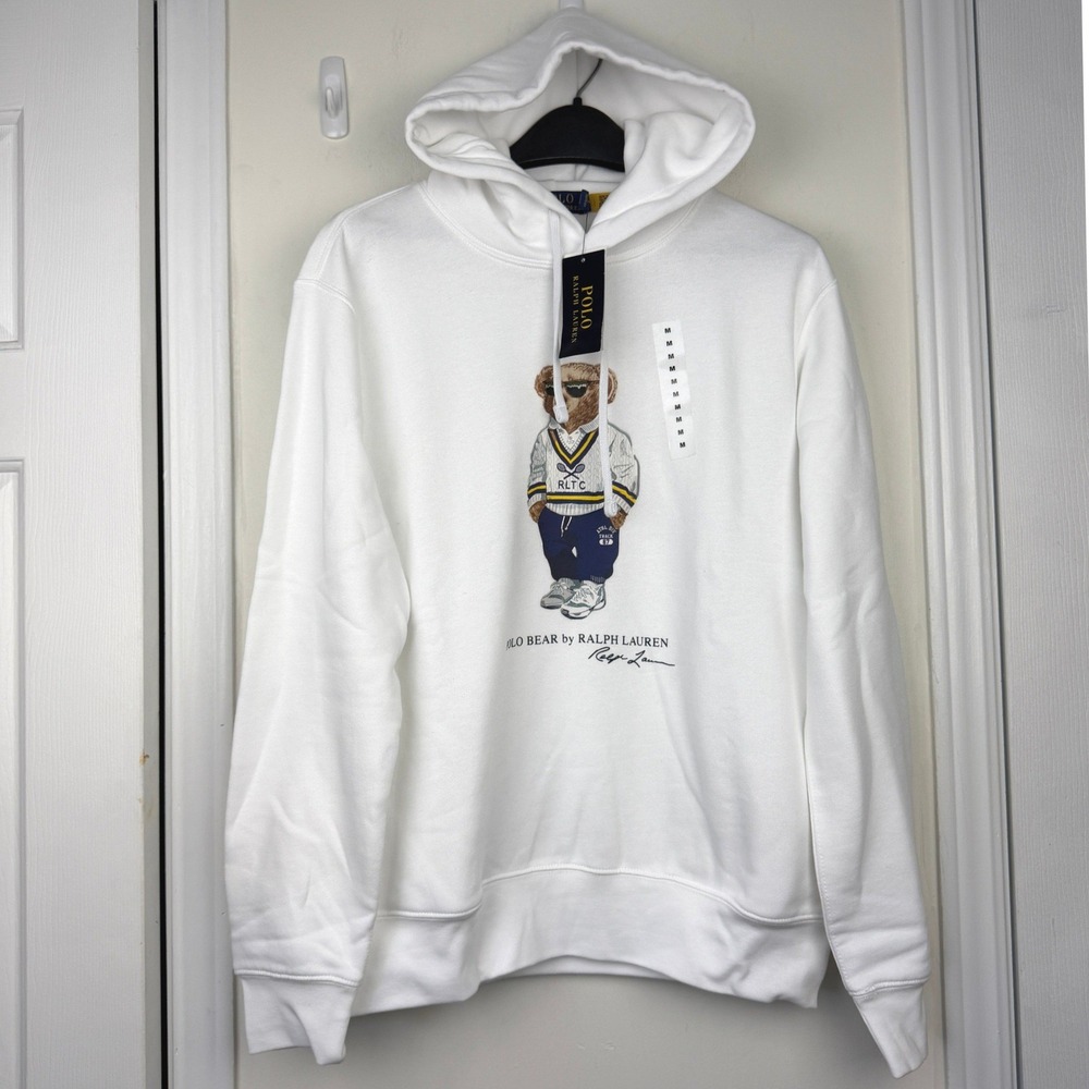 NEW Polo Ralph Lauren PREPPY POLO BEAR Hoodie Mens M White Pullover Fleece $185 - Picture 5 of 11